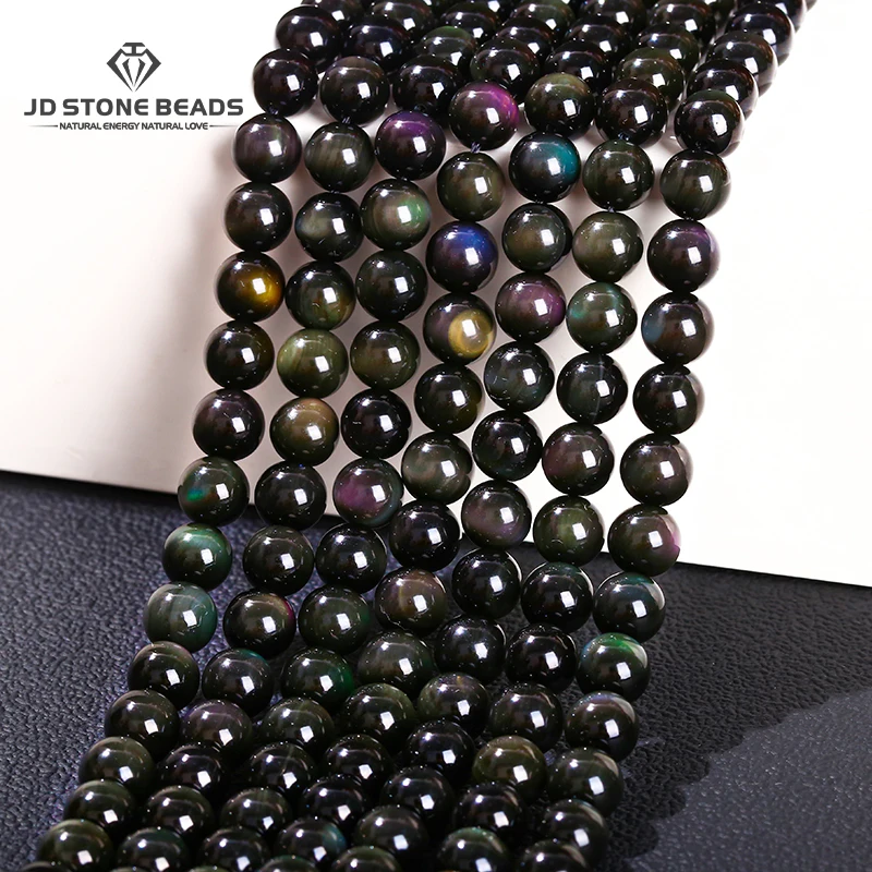 Genuine Natural Stone Rainbow Obsidian Beads Multi-Colored Sheen Round Loose Spacer for Jewelry Making DIY Necklace Bracelet