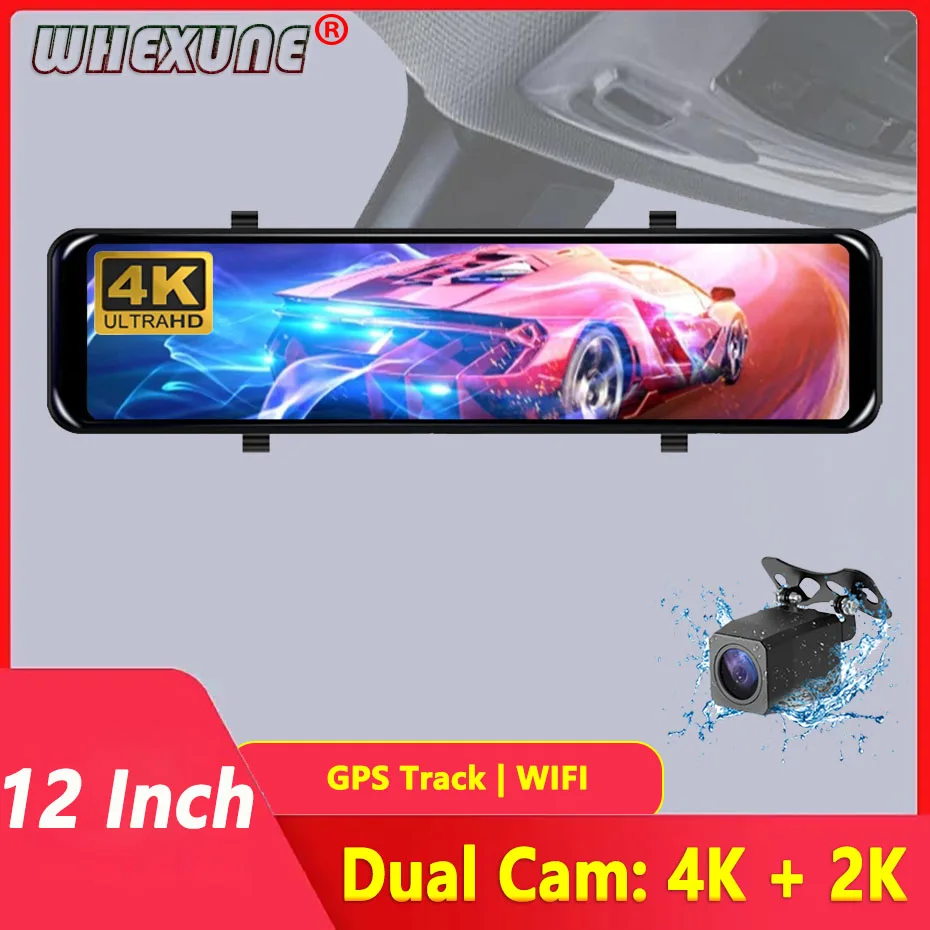 WIFI 4K+2K 12 Inch Rear View Mirror Dash Cam Camera 3840*2160P Car Dvr GPS Tracker Video Recording Super Night Vision Dual Lens