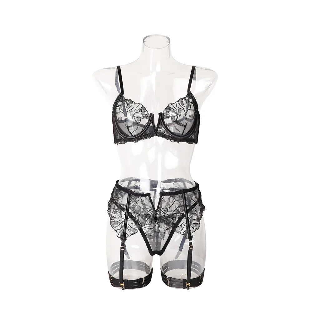 Conjunto de Lencería Femenina Toucheart con Bordado Floral, Sujetador Push-Up de Encaje, Liguero, Faja Reductora, Tanga, Guantes, Ropa Interior Sexy y Atractiva