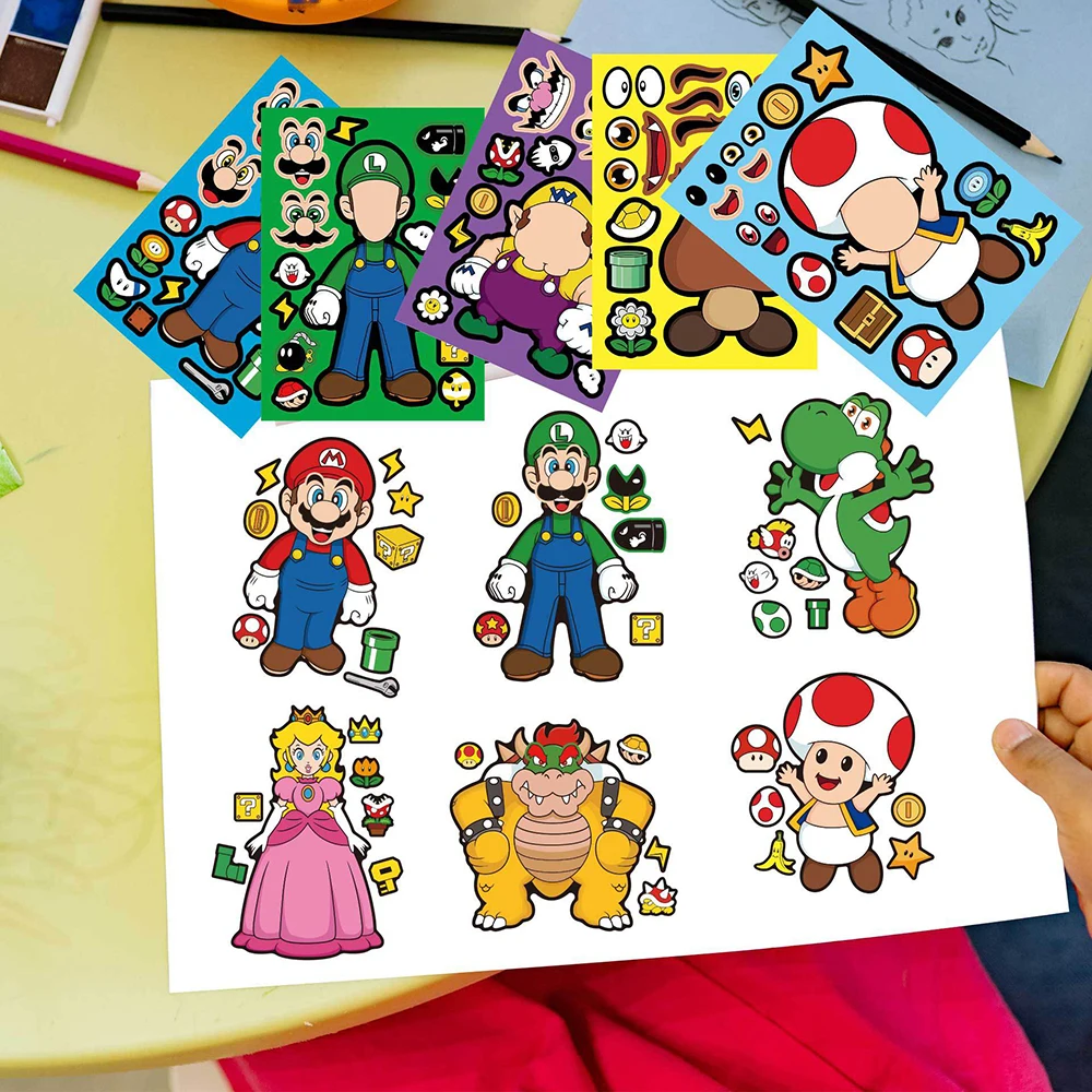 Kawaii Mario Puzzle Stickers Princess Luigi Cartoon Anime Luggage Skateboard Notebook Decals Decoration Kids Toys Birthday Gifts