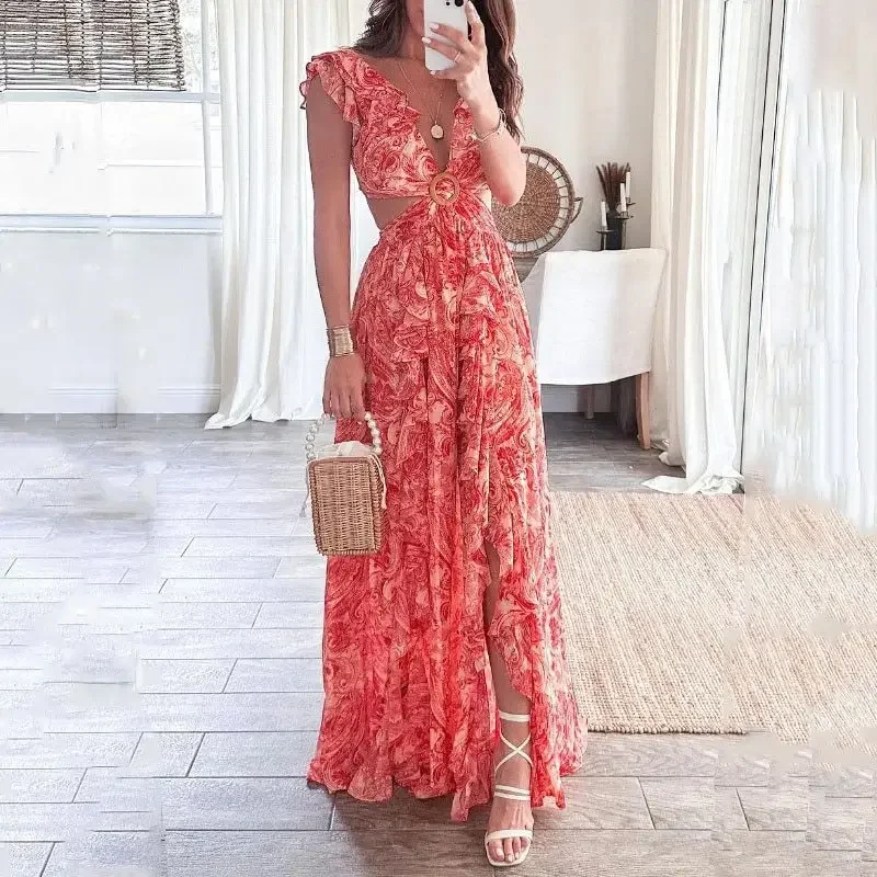 

2025 Women Sexy Dresses Spring Summer Fashion New Printed Design Sense Deep V-neck Waist-exposed Long Pleated Casual Robe Femme