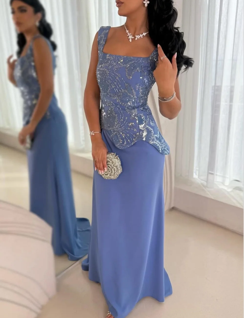 Customized High Quality Pleat Sequined Pattern Straight Square Neck Long Luxury Party Evening Dresses Classic