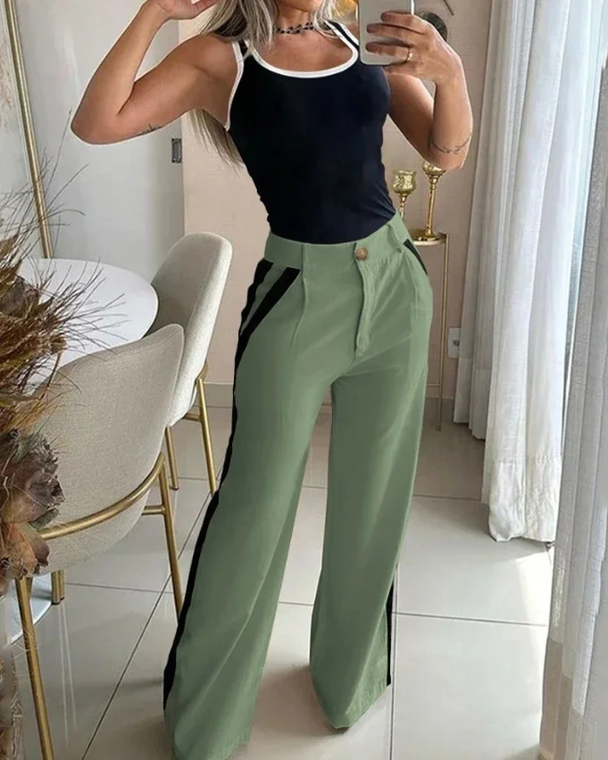 Fashion Two Piece Set Women Outfit Temperament Commuting Contrast Binding U-Neck Tank Top & Casual Striped Pants Set 2024 Summer