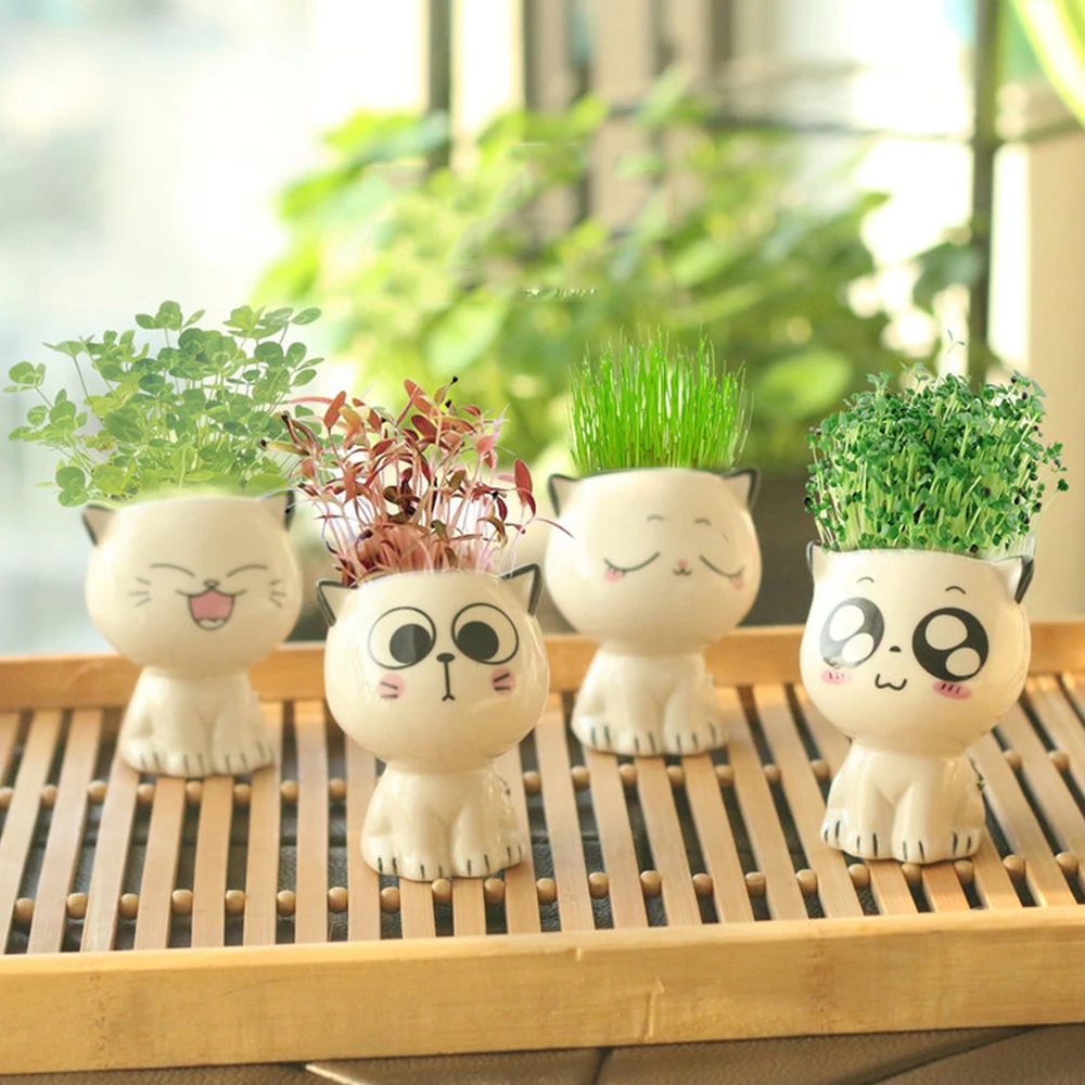 

2PC Ceramic Garden Pot Planters Cat Shaped Cartoon Potted Plant Desktop Potted Expression Flowerpots Desk Decorate Home Ornament