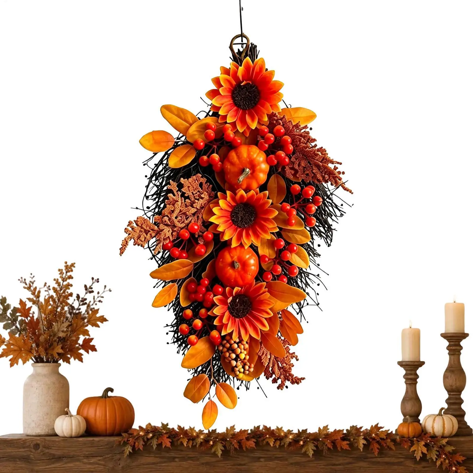 Autumn Swag Teardrop Sunflower Pumpkin Berry Wreath 21 Inch Fall Harvest Thanksgiving Decor for Door Entryway Wall Living Room