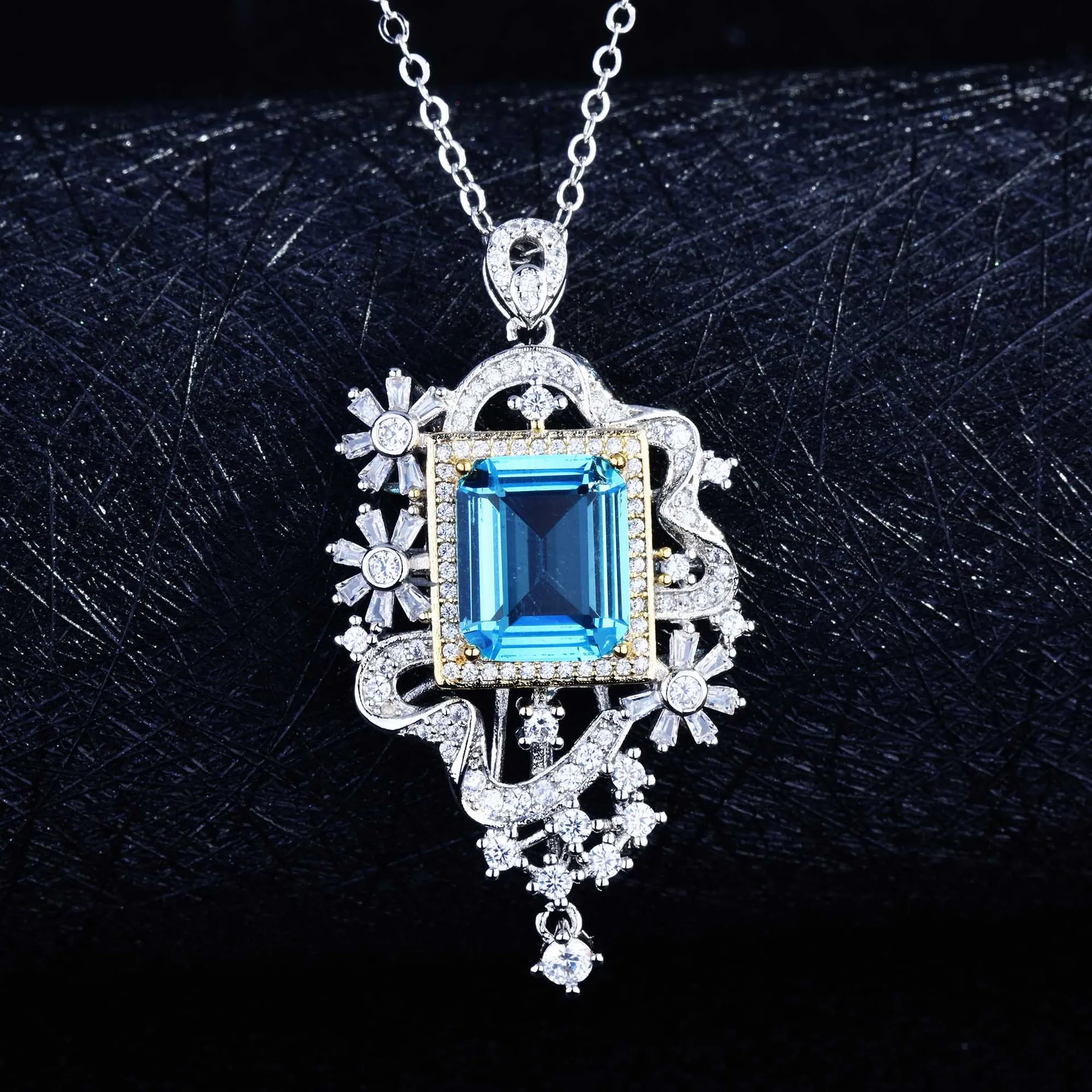 

Blue Gem Stone Purple Crystal Pendant Necklace Silver Plated Flower Luxury Choker Chain Necklace Charm Women's Boutique Jewelry