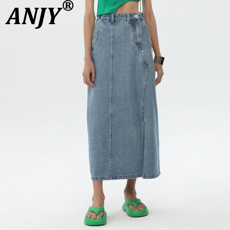 

ANJY Summer New Women Chic Skirt Asymmetric Placket Frayed Washed Denim High Street Elegant Trendy Casual Versatile Skirts A9709
