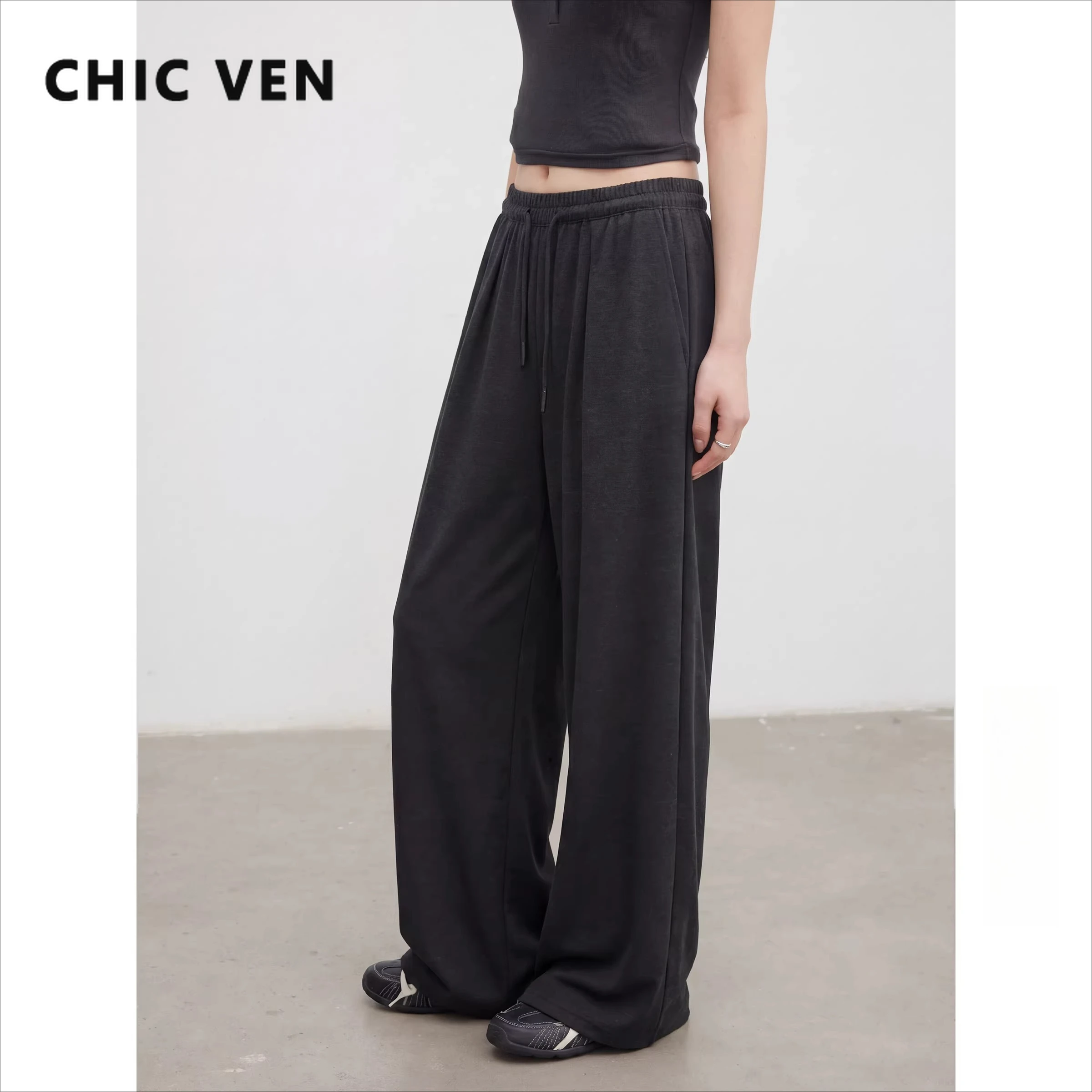 

Модные женские брюки CHIC VEN: Новинка, однотонные, с эластичным поясом, свободные, повседневные, широкие штанины, весна-лето 2026