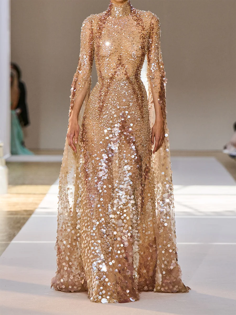 

Luxury High Collar Sequined Beads Full Sleeve Straight Formal Evening Dresses Birthday Party Prom Gowns Customized