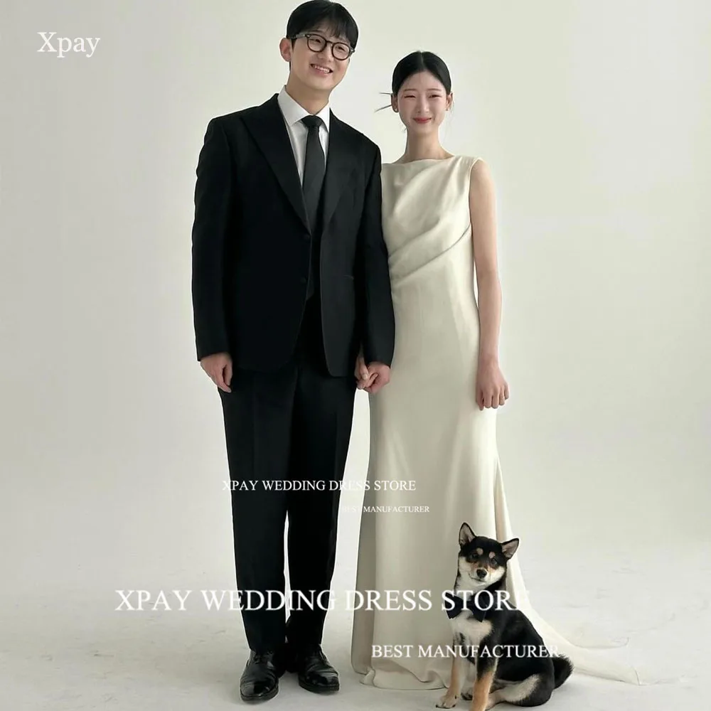 

XPAY Simple O Neck Korea Wedding Dresses Sleeveless Elastic Satin Bride Photos Shoot Dress Custom Made Floor Garden Bridal Gown