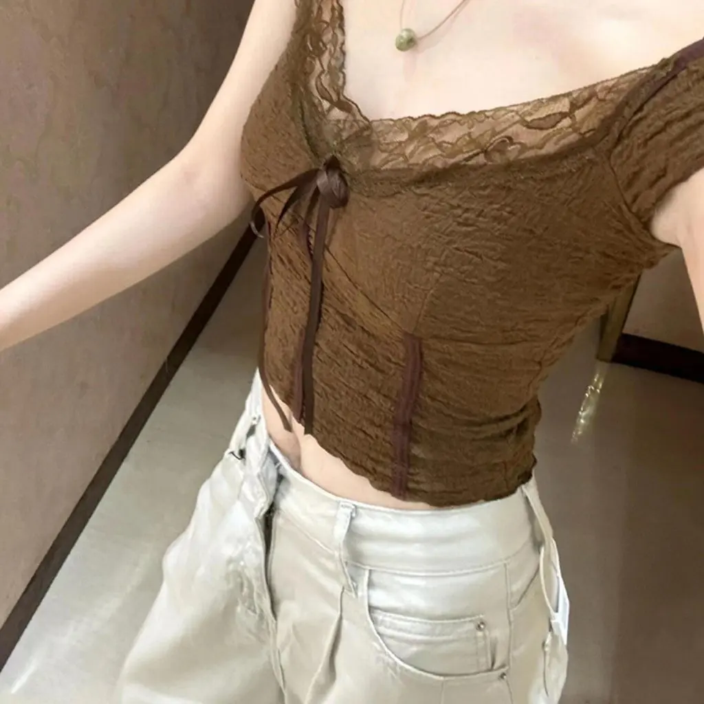 

Women's Slim-Fit Lace-Up Short T-Shirt Pure Desire V-Neck Shoulder Lace Stitching Summer Tight Waist Spice Girls Style