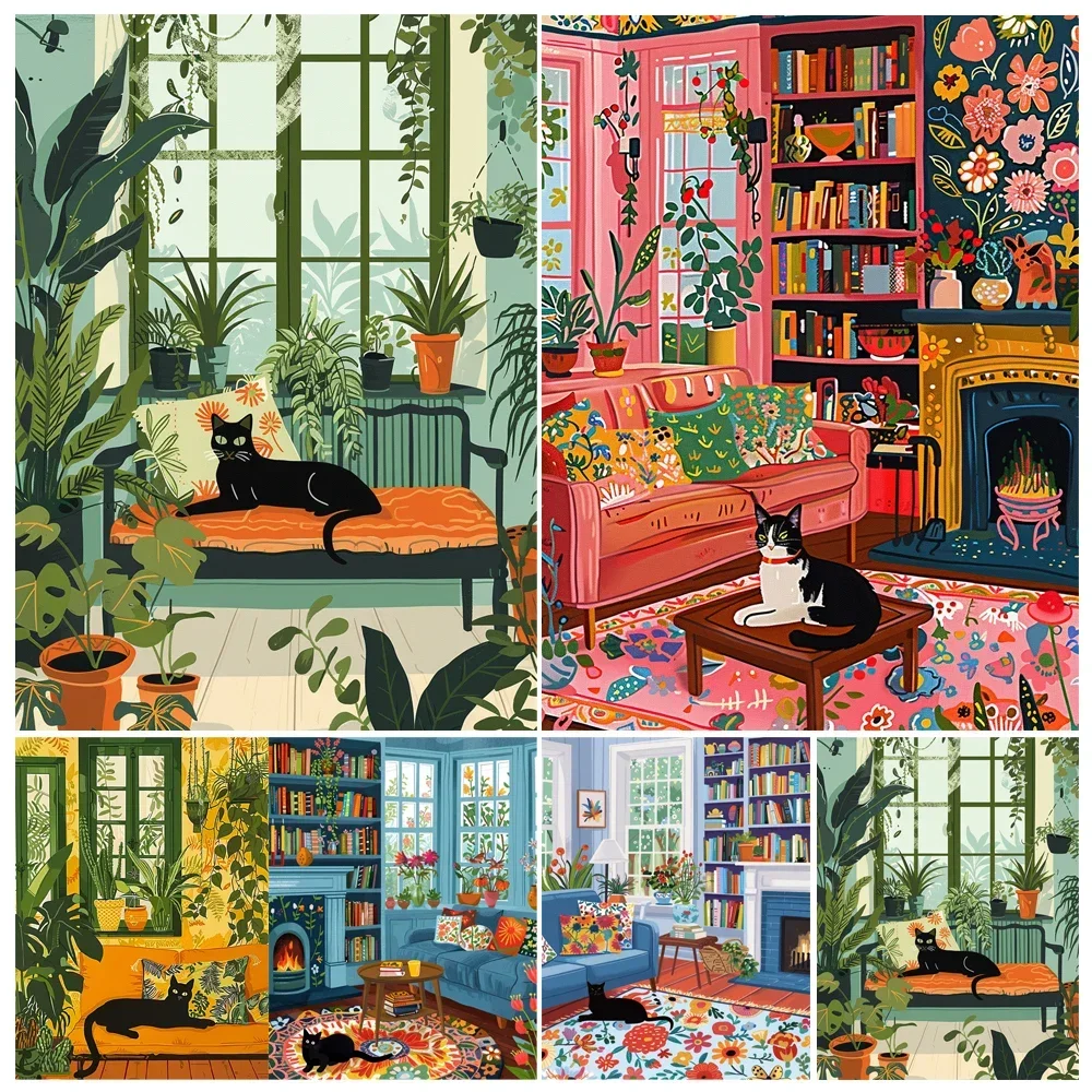 

606867 Animal Cat In Bedroom Living Room Landscape Painting By Numbers Kit DIY Artwork Canva Art GiftHome Decoration Gift