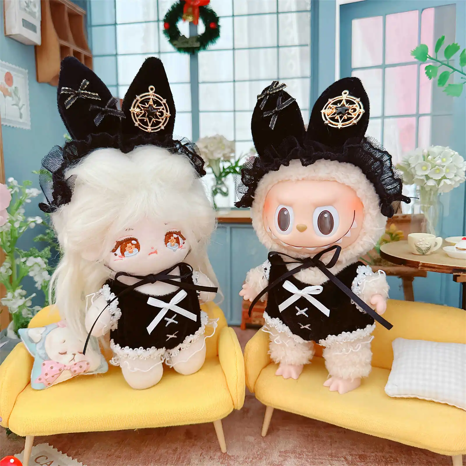 10cm Kawaii Idol Doll Clothes Cute Black Jumpsuit Dress Bunny Ear Headwear 2Pcs Set Plush Doll Clothes Accessories Fans Gifts