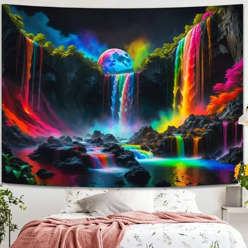 VIKAMA Dazzling Cascading Water Canyon Lunar Orb Black Light Tapestry UV Active Cosmic Wall Poster Home Accent Decor Soft Cozy