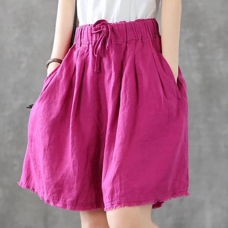 Women's summer shorts vintage linen loose wide leg pants fashion shorts new korean solid color casual Women pants high waist