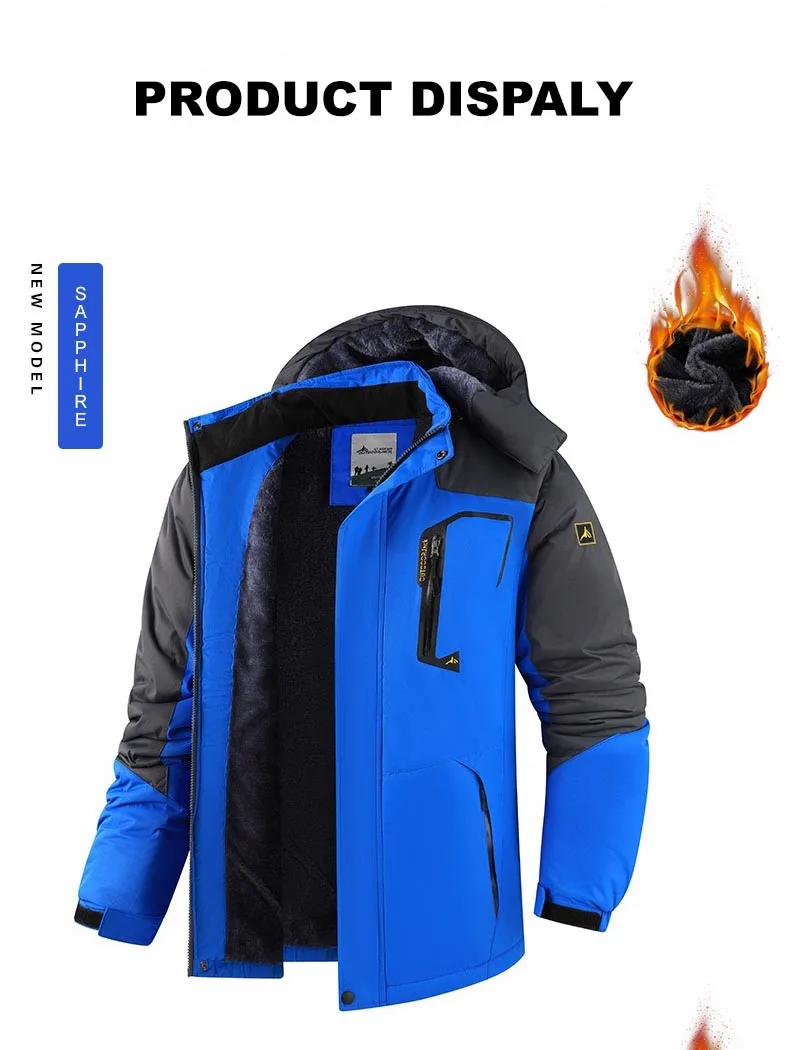 Winter-Parka für Herren, Windschutz, verdicktes Fleece, mit Kapuze, warme modische Jacke, Mäntel, Skifahren, Kontrastfarbe, trendiger Outdoor-Mantel – Detail 10