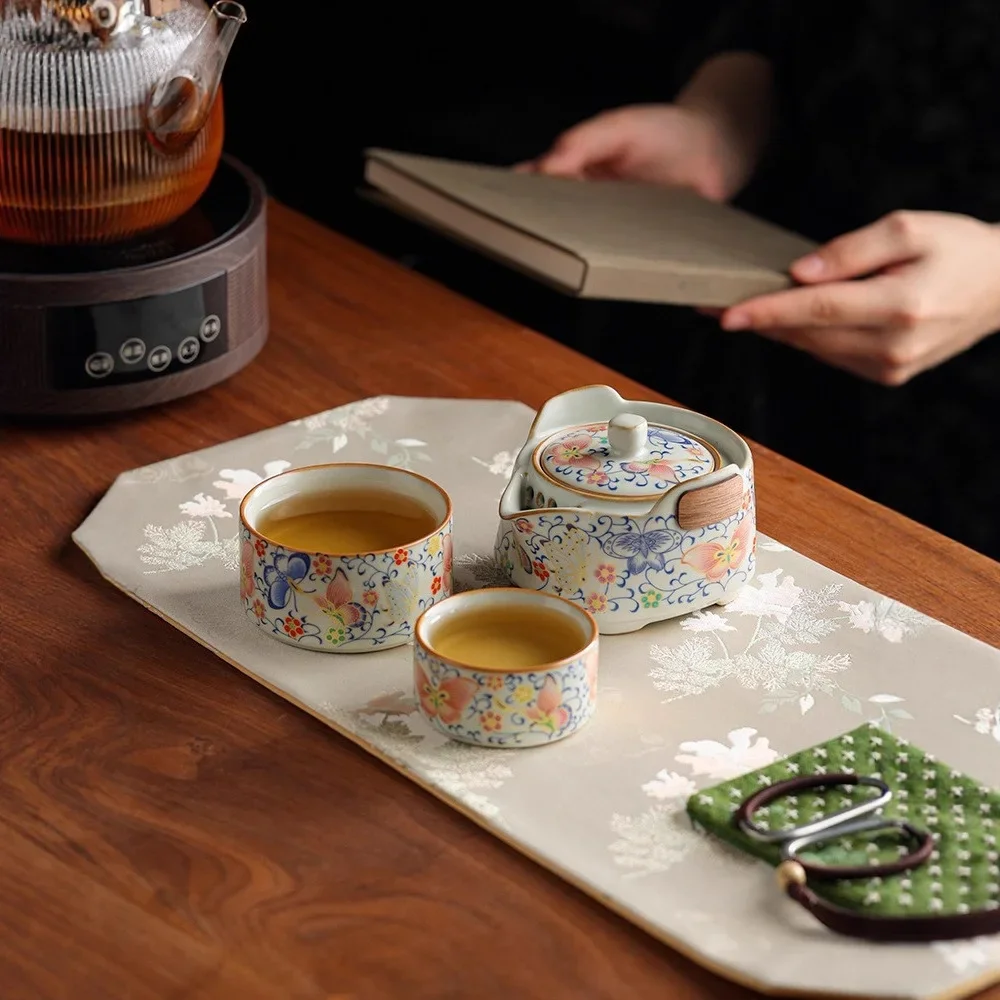 Ru Kiln Butterfly Twig Lotus Travel Tea Set Portable Camping Gift High-end Tea Cup for One Person Outdoor Container Drinking Tea