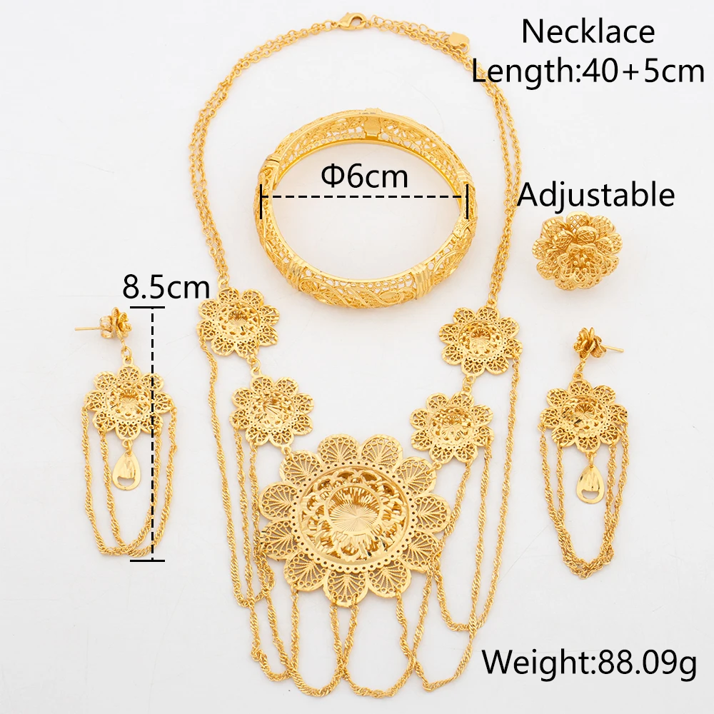 African Luxury Gold Color Jewelry Set for Women Bohemian Classic Tassel Design Earrings Pendant Set Copper Gold Plated Jewelry