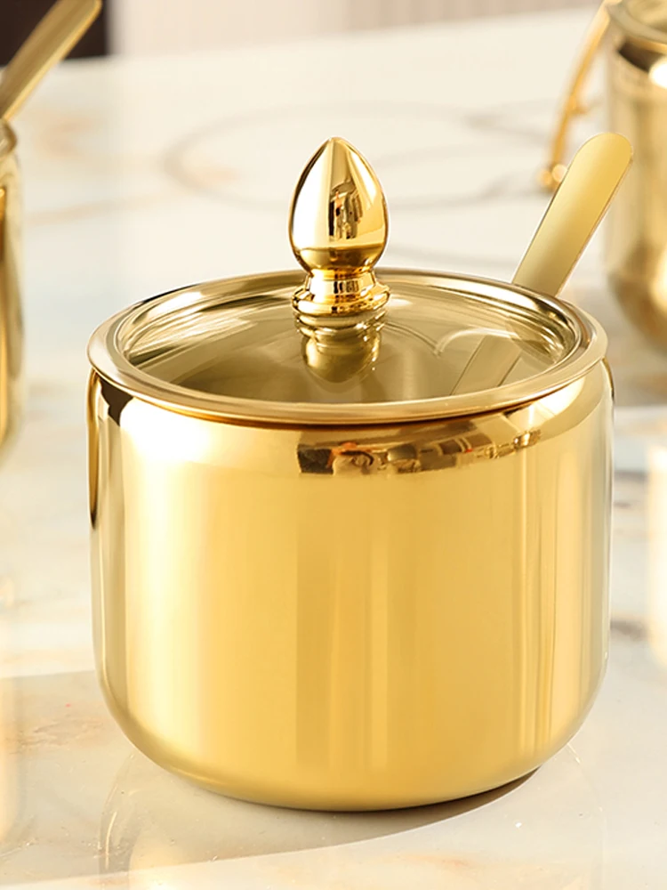 

Gold 304 Stainless Steel Seasoning Jar Set - Home Kitchen Spice Containers with Spoons & Organizer Rack
