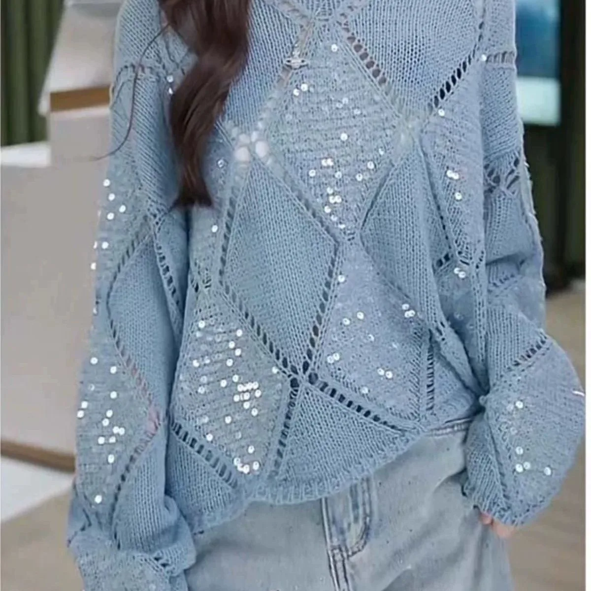 Pull Boho Chic à manches longues et col rond pour femme, coupe ample, au Crochet, polyvalent, paillettes brodées, haut en tricot pour l'automne et l'hiver