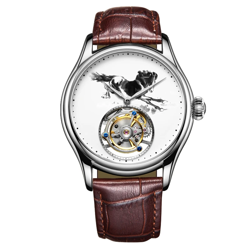 Aesop Luxury Flying Tourbillon Mechanical Mens Watch Sapphire Watches for Men Ink Painting Horse Dial Casual Wristwatches 7010