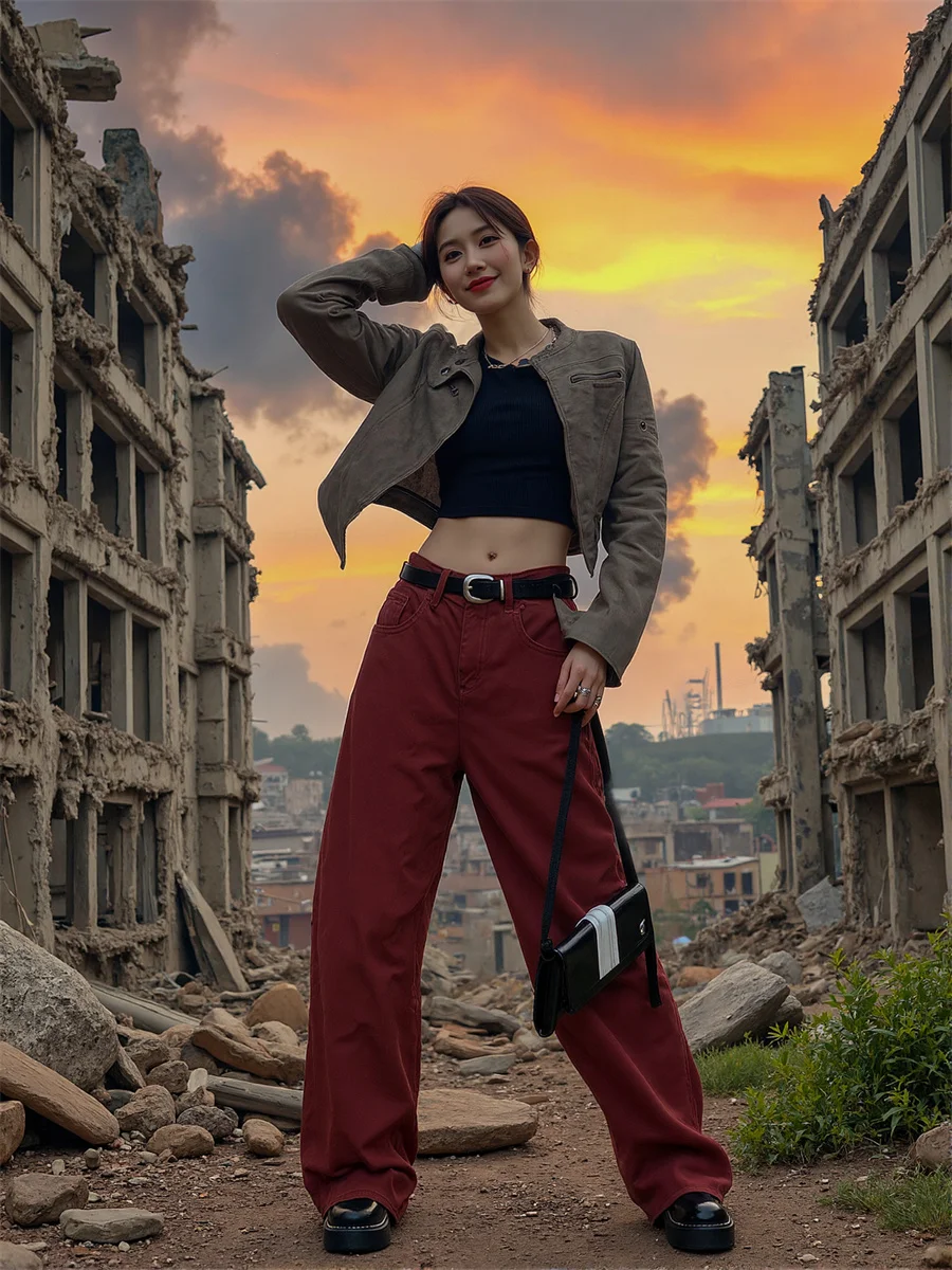 

Напольные широкие красные свободные джинсы, женские уникальные художественные лоскутные джинсы с принтом из бисера и цветочной аппликацией, элегантная уличная одежда, шикарная модная одежда