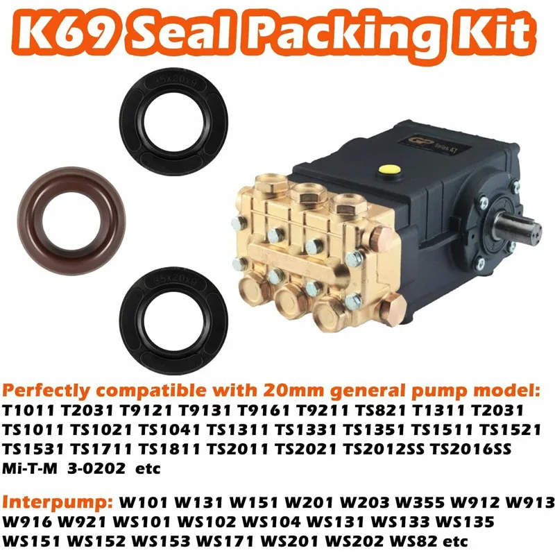 YMT General Pump Kit K69 Packing Kit with Restop Ring 9pcs for 20mm Pressure Washer Pump T,TS ,W,WS Series More (9 Pcs/Set)