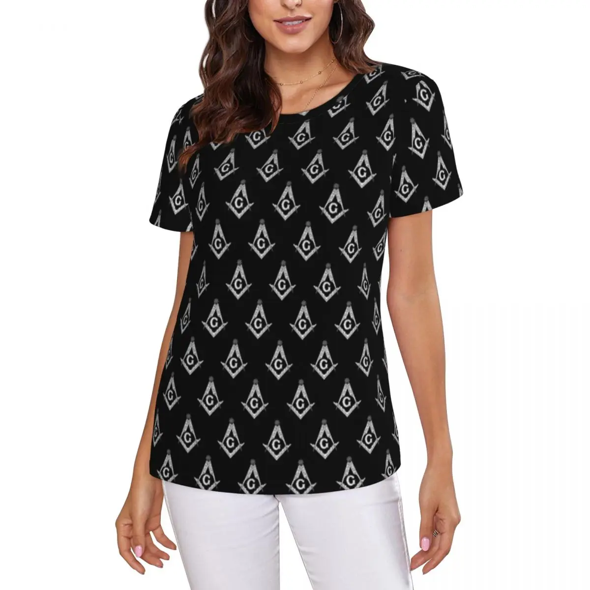Freemason Pattern Gold Blue Square And Compass Masonic T-Shirt Women Short Sleeve T Shirts Round Neck Clothes