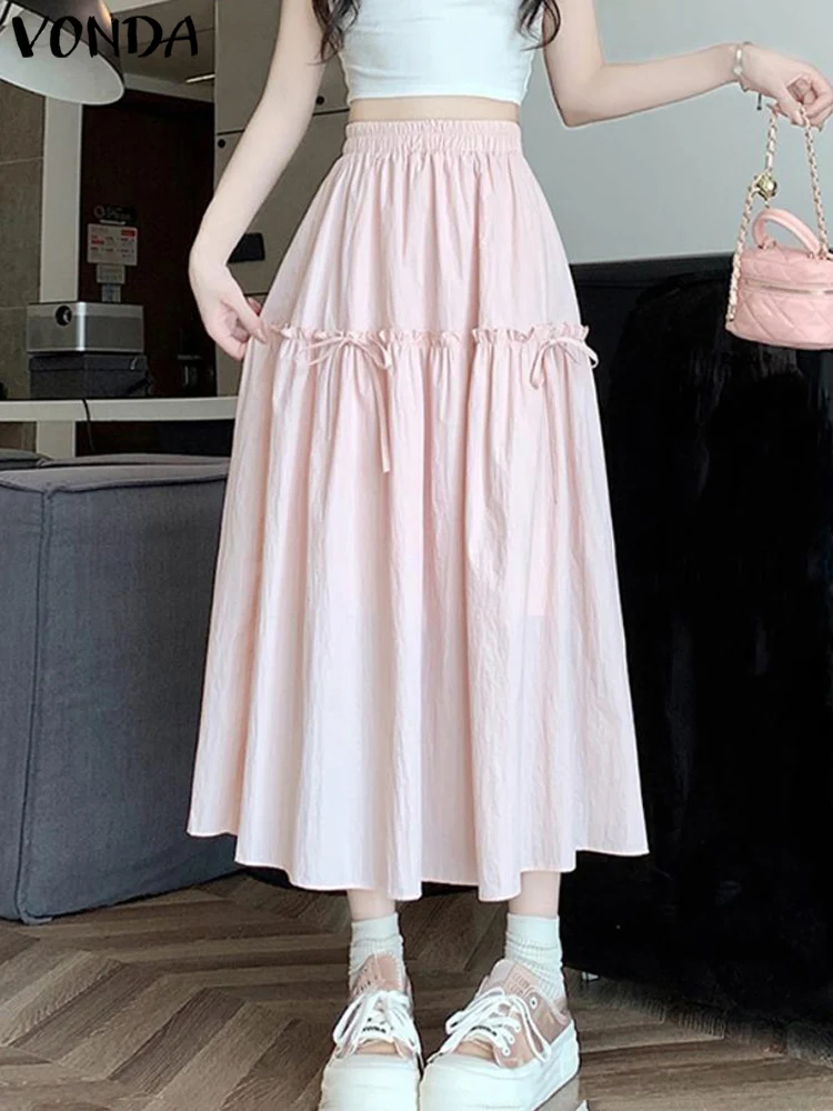 

Women Summer Skirts 2024 Solid Color Bow Maxi Long Skirts VONDA Fashion Beach Bottoms Oversized Casual Loose Skirts Femininas