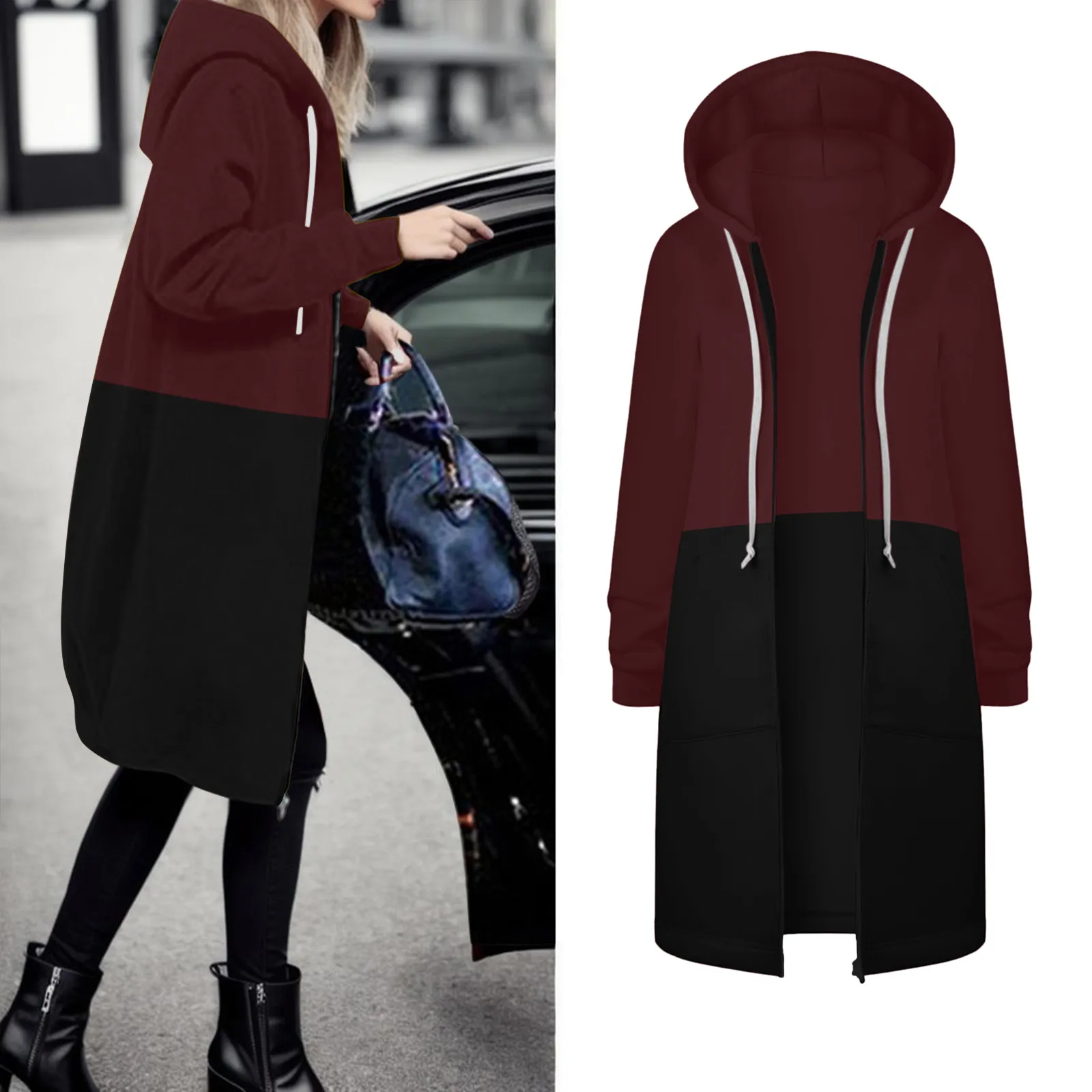 

Long Hooded Jacket Coat Women Autumn Winter Casual Fashion Colorblock Drawstring Hooded Overcoat Zipper Long Coat Streetwear