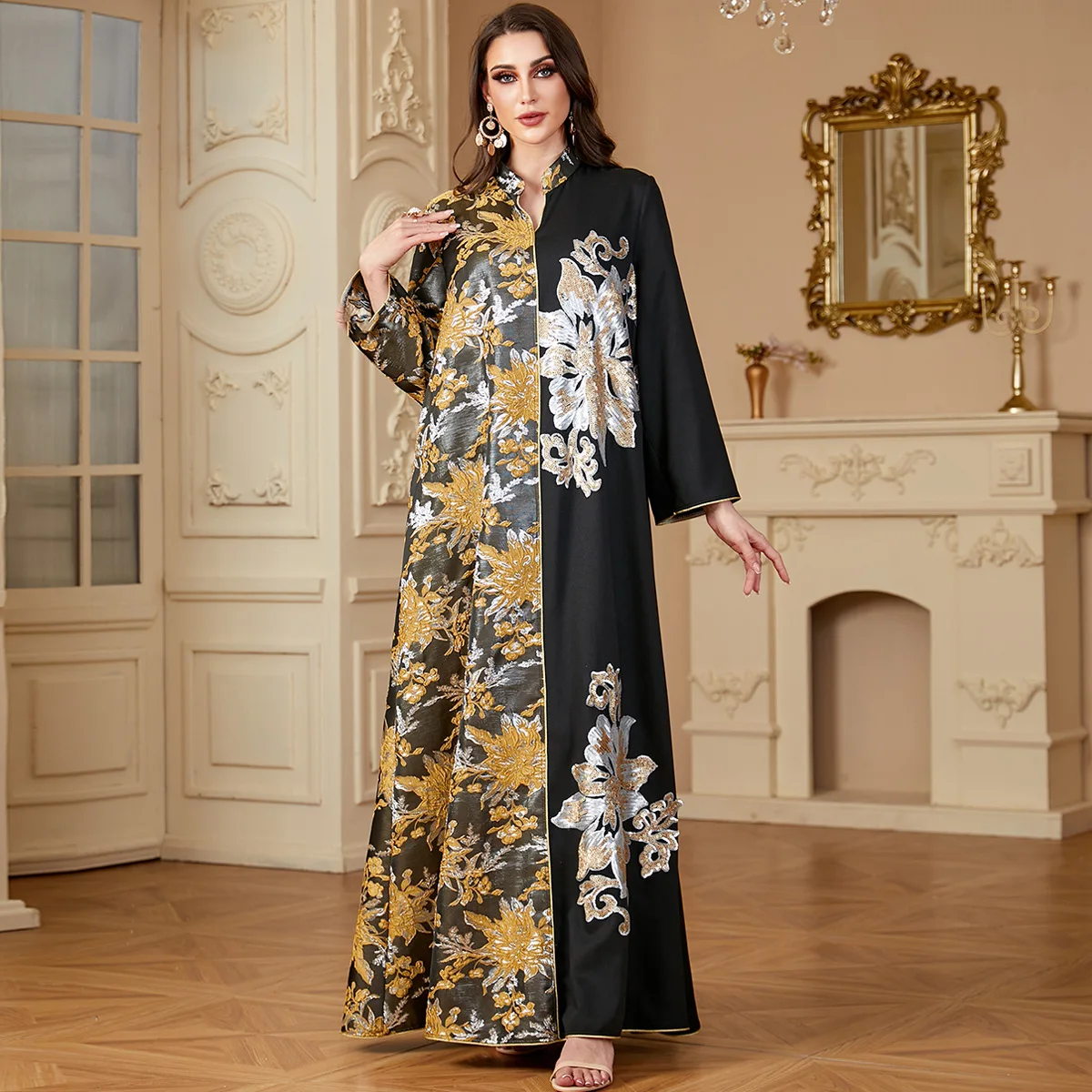 Elegant Jacquard Jalabiya Eid Ramadan Women Floral Print Maxi Dress Dubai Abaya Turkey Kaftan Robe Islam Clothing Caftan Vestido