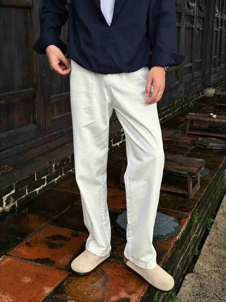 

New Men's Loose Straight Leg Casual Pants White Wide Leg Trousers Simple Luxury Autumn Winter Faion Busin Casual Sle