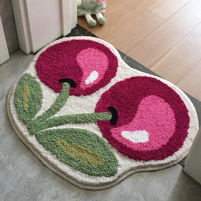 

Cute Cherry Flocking Carpet Modern Simple Entrance Carpet Household Bathroom Absorbent Non-Slip Floor Mat