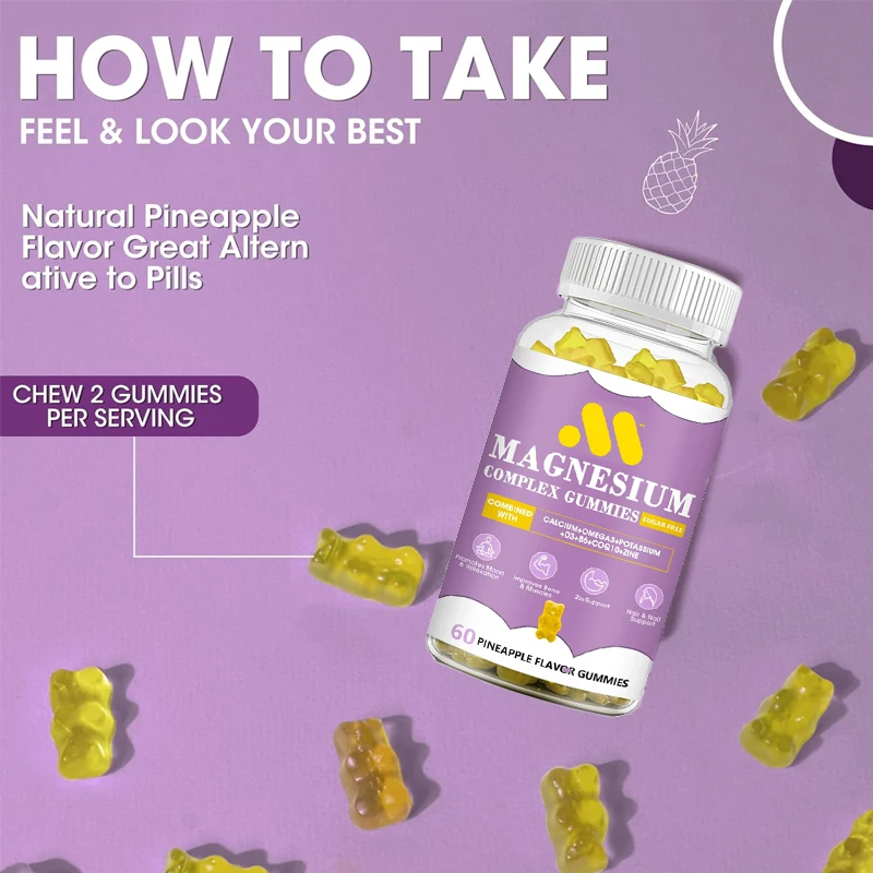 Glycineapplemagnesiumcitrategummies, taurine, enzyme Q10, calcium, supports memory, bones, sedation, sleep, 60 pineapple gummies