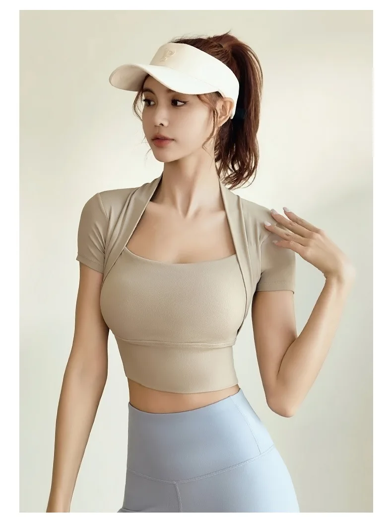 

Yoga Shirts Fake Two-pieces Right Angle Shoulder Shirts Gym Shirt Crop Workout Fitness Tops Yoga Crop Top Short Sleeve L99