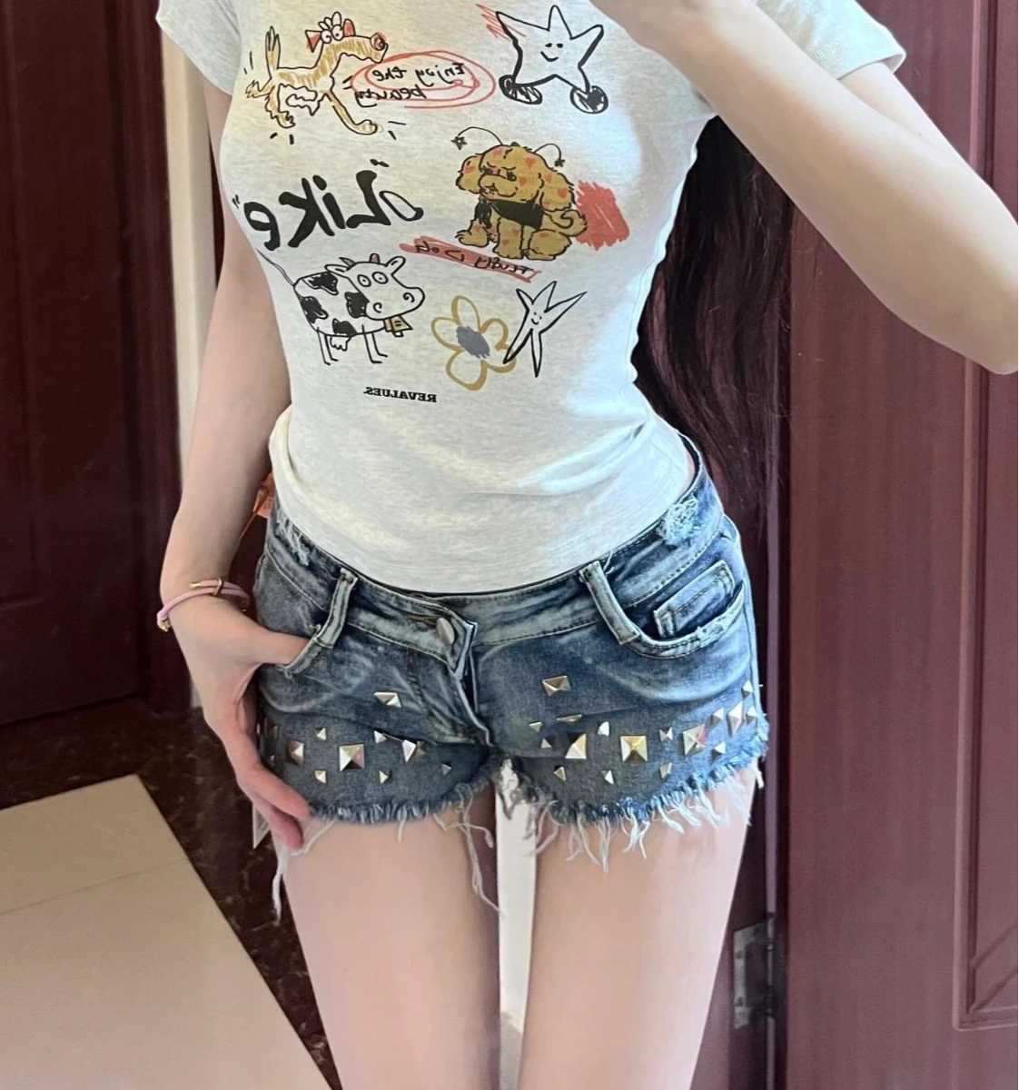 

Y2k Spice Girl Vintage Burr Edge Low Waist Rivet Denim Super Shorts Female Slim Skinny Hot Pants