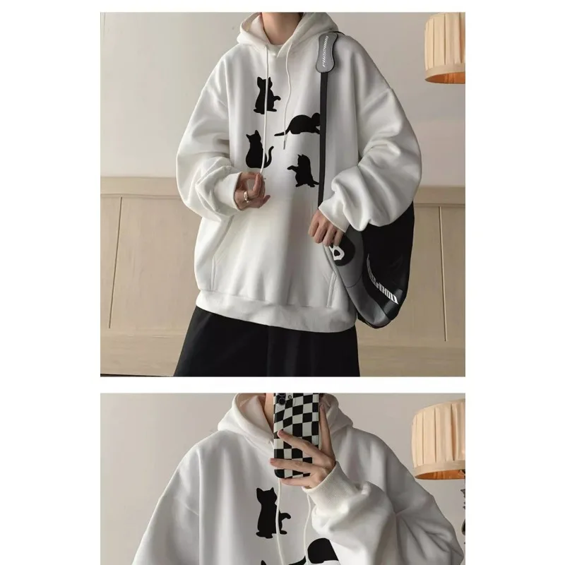 سويت شيرت بقلنسوة للرجال للخريف والشتاء مخملي سميك مطبوع عليه قطة بلوفرات عصرية على الطراز الأمريكي #4