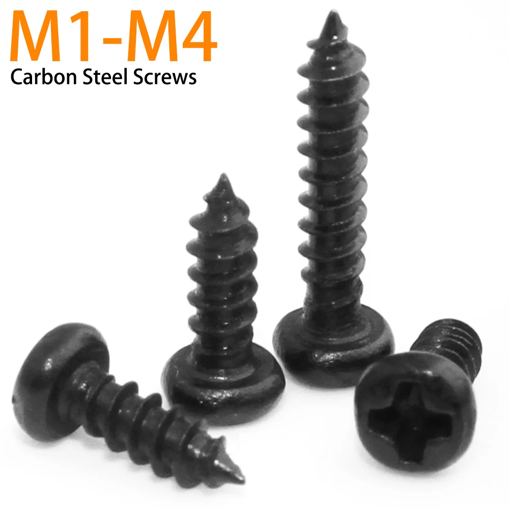 Tornillos autorroscantes Phillips de cabeza redonda cruzada, Tornillo de acero al carbono negro, M1, M1.2, M1.4, M1.5, M1.7, M2, M2.3, M2.6, M3,