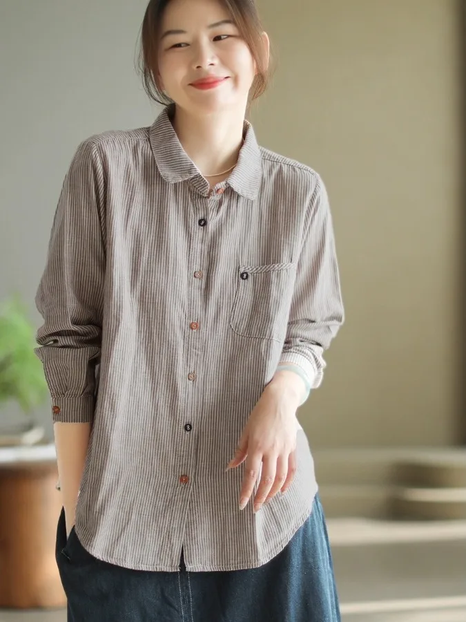 

Низкопрофильный женский дышащий удобный топ в вертикальную полоску с вертикальными полосками, свободный длинный свек, модный женский дышащий удобный топ в стиле ретро