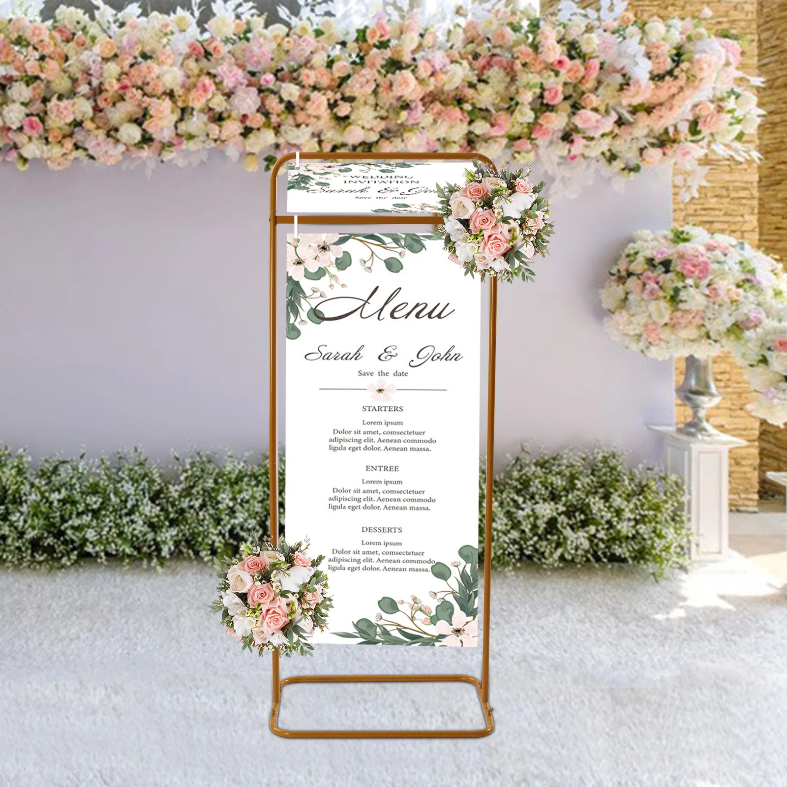 

4.9 Feet Gold Wedding Sign Stand Welcome Reception Sign Frame Floral Display Rack Guest GuideCeremony Decorations