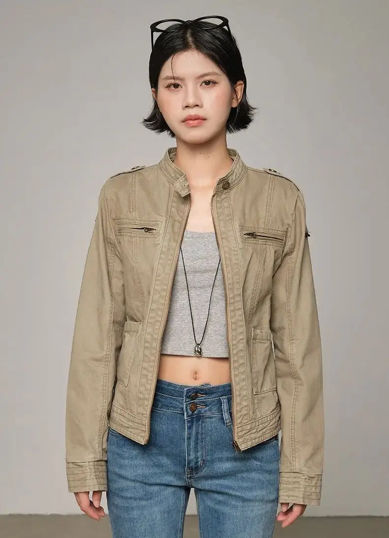 

Винтажная рабочая одежда в американском стиле с воротником-стойкой, короткая куртка для женщин, весна-осень 2026, новый стиль, ленивый дизайн, модная универсальная куртка