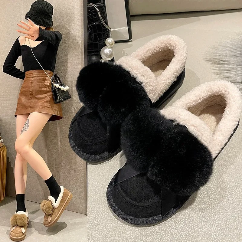 2024 Winter New Women's Fleece-lined Warm Cotton Shoes Anti-slip Bread Shoes Integrated Leather Outerwear Snow Boots