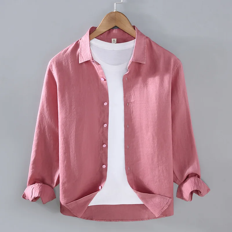 

2024 Men's Spring and Summer Pure Linen Shirt Casual Polo Collar Loose Breathable All-Matching Shirt