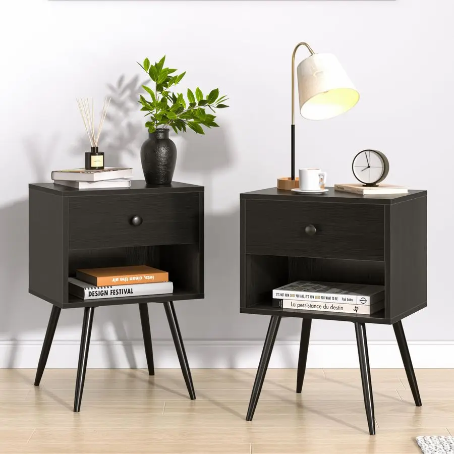 

Nightstands Set of 2, Mid Century Modern End Bedside Table, Night Stand with Storage Drawer and 2 Tiers Open Shelf for Small Pla