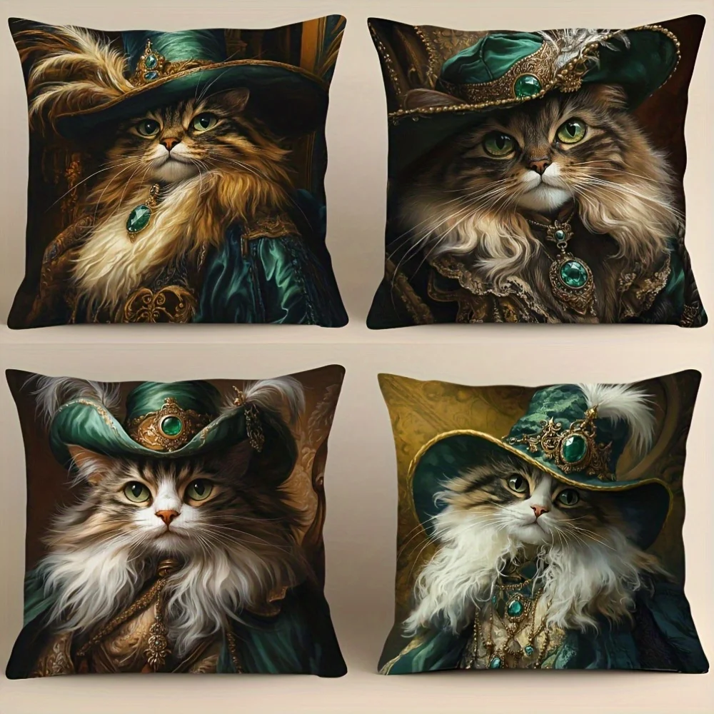 2D Flat Vintage Noble Cat Pillow Covers, 4pcs Set, Double Sided Print, Royal Cat with Hat Decor Cases for Sofa Home Decor
