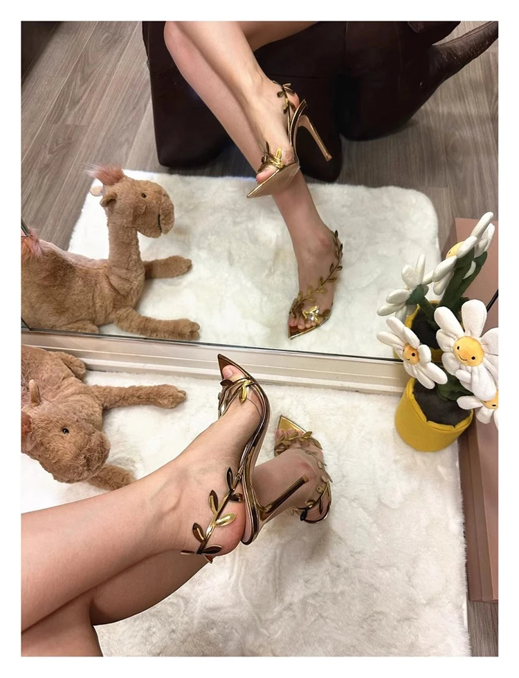 

Open Toe Golden Leaf Straps Sandals Pvc Stiletto Heels Shallow Fashion Women Summer Dress Party Daily Shoes Sexy Slip On