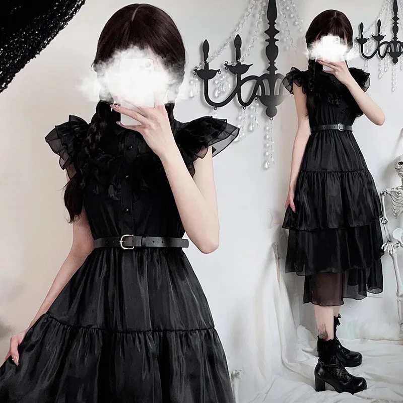 CyDark Goth Adams Family Ghost Bride Cos تنورة مصاص الدماء فستان الهالوين التأثيري فستان أسود صغير