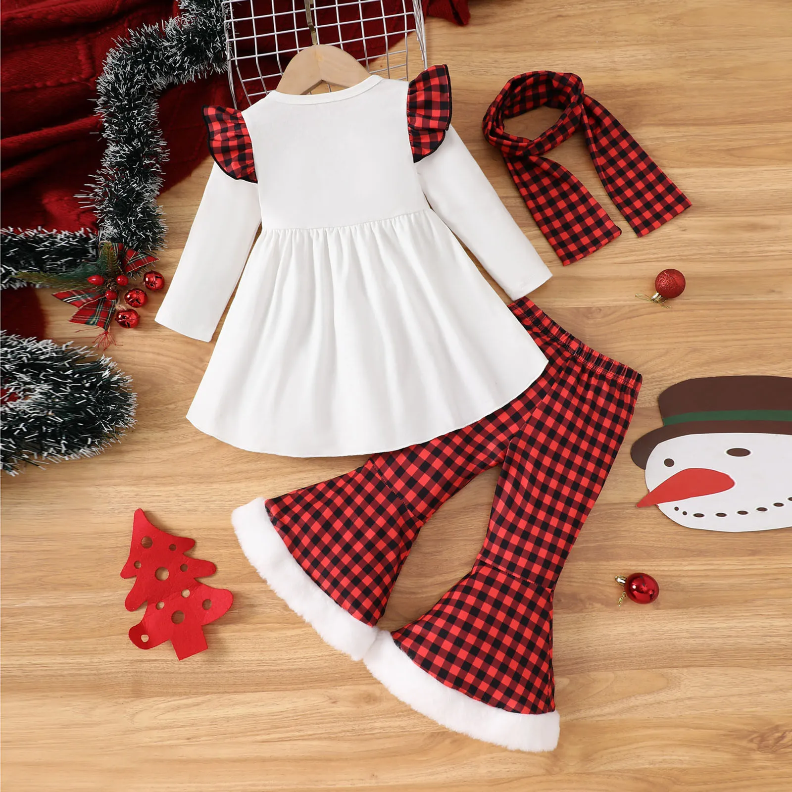 Toddler Girls Christmas Outfits Long Sleeve Cartoon Snowman Prints T Shirt Tops Plaid Pants Scarf Kids Outfits 1 2 3 4 5 Years