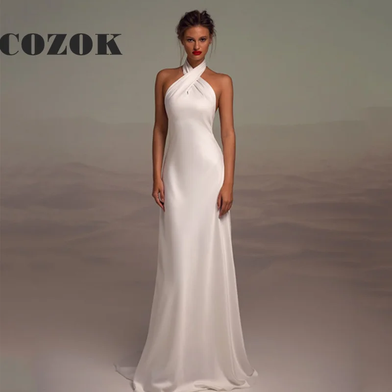 Cetim sexy encantador simples vestidos de casamento halter pescoço sem mangas sem costas vestidos de noiva de novia personalizado zx03