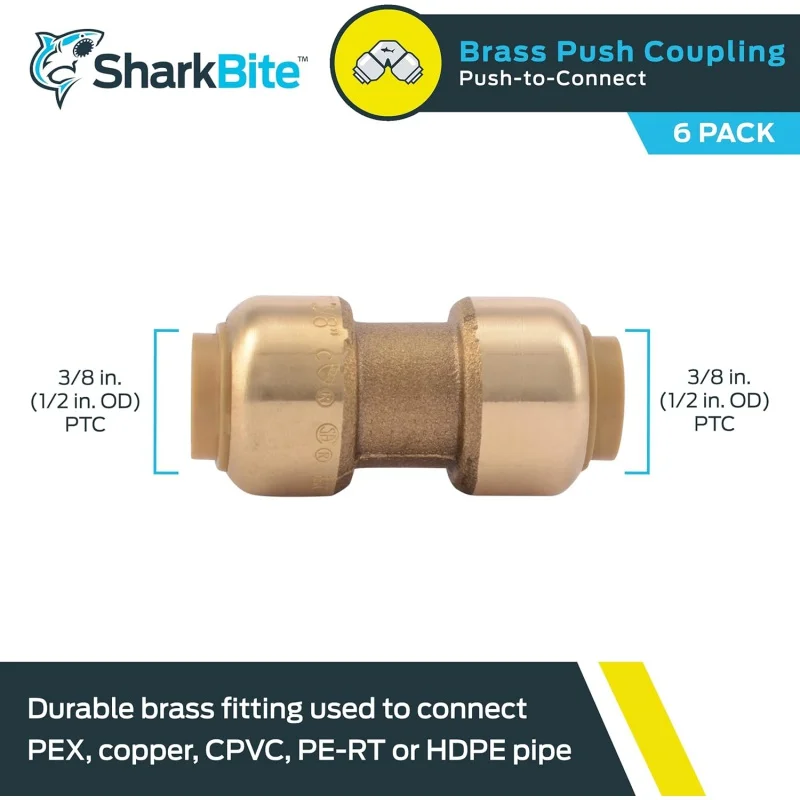 3/8 inch Coupling, of 6, Push to Connect Brass Plumbing Fitting, PEX Pipe, Copper, CPVC, PE-, HDPE, U006LF